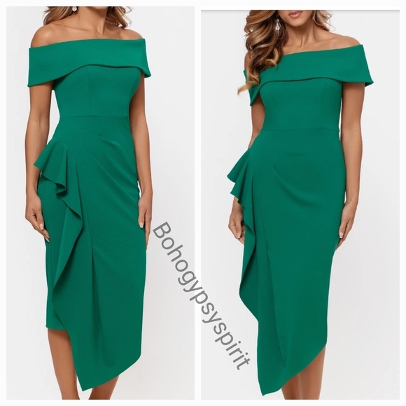 $239 Midi Green Off the Shoulder Scuba Crepe Side Ruched Dress - Picture 1 of 13